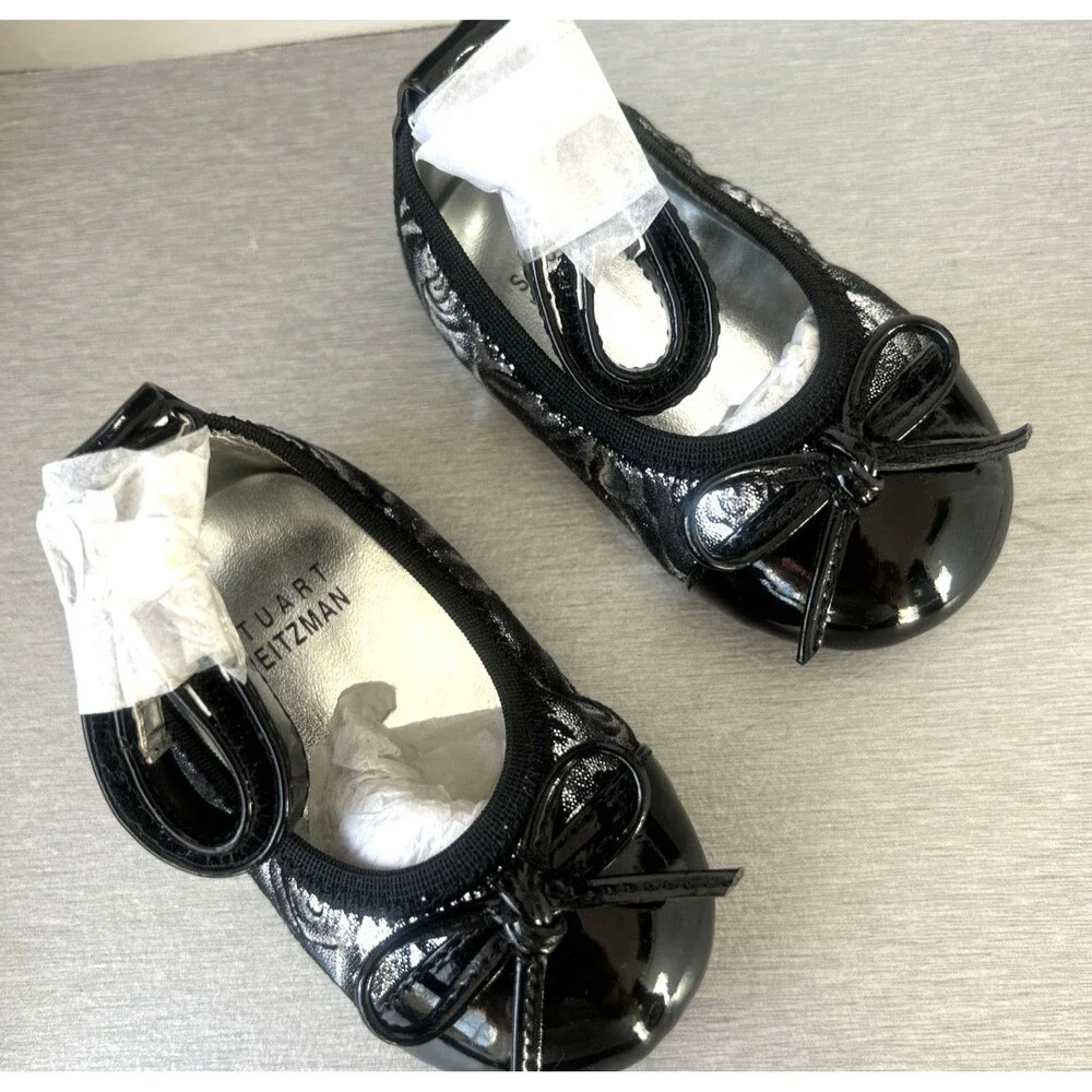Stuart Weitzman Baby Paliava Silver Black Baby Ballet Shoes w/Bow Sz 2 3-6M NEW